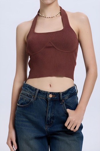 casual high stretch 6-colors knitted halter neck tight vest size run small