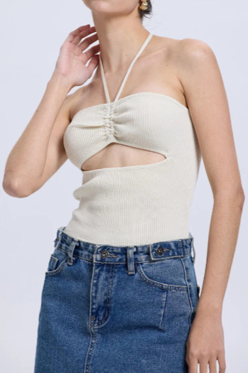 casual slight stretch halter neck drawstring hollow knitted vest size run small