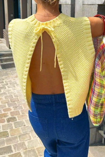 stylish slight stretch knitted pure color backless lace-up all-match vest