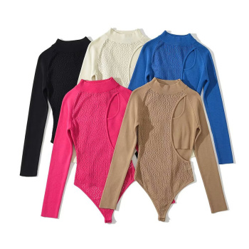 sexy slight stretch 5 colors long sleeve knitted hollow bodysuit