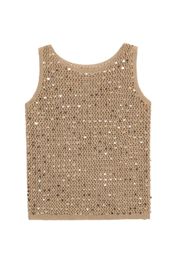 casual non-stretch sequin decor crew neck fishnet tank top