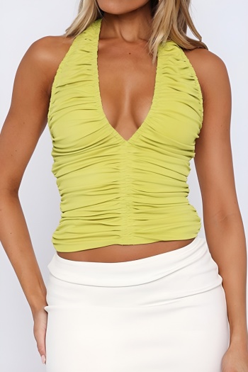 sexy slight stretch pure color deep v halter-neck ruched all-match crop vest