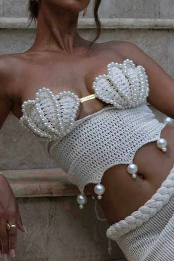 sexy slight stretch pearl decor ribbed knit tube design tank top