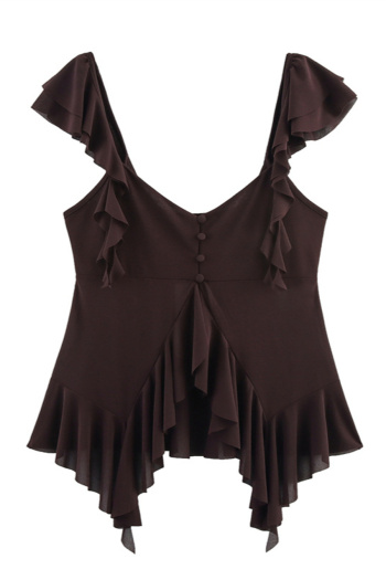 sexy slight stretch solid color ruffle decor tank top