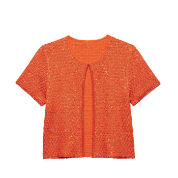 exquisite slight stretch ribbed knit crew neck sequin decor top