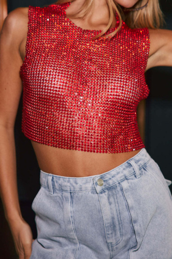 sexy non-stretch solid color rhinestones music party backless crop vest