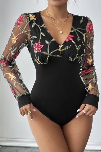 sexy slight stretch v-neck flower embroidery bodysuit