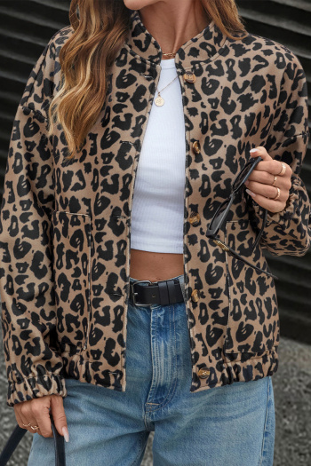 casual non-stretch crew neck leopard printing button jacket