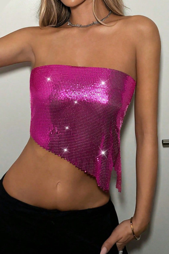 sexy non-stretch solid color tube top metal sequins slit lace-up crop vest