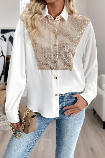 casual non-stretch sequin decor lapel button blouses