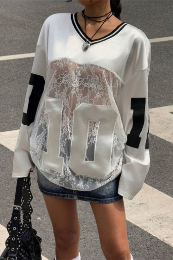 stylish non-stretch see-through lace patchwork printed loose long-sleeved top