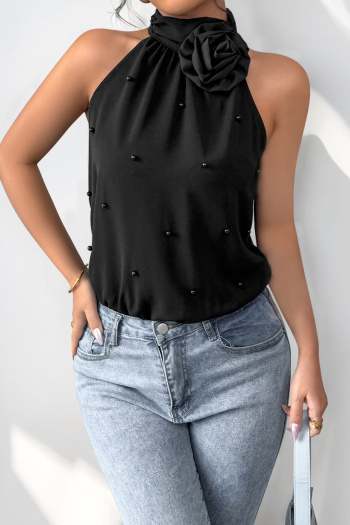 exquisite non-stretch half-high collar flower decor bodysuit