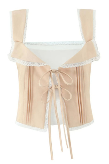 sexy non-stretch lace trim v-neck lace-up tank top(size run small)