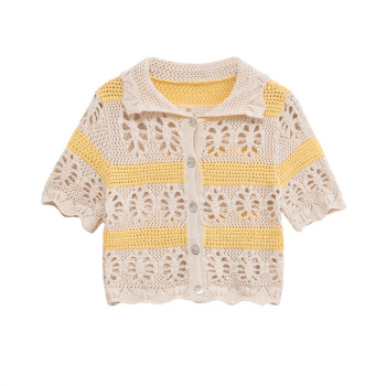 casual slight stretch knitted hollow short-sleeved thin sweater