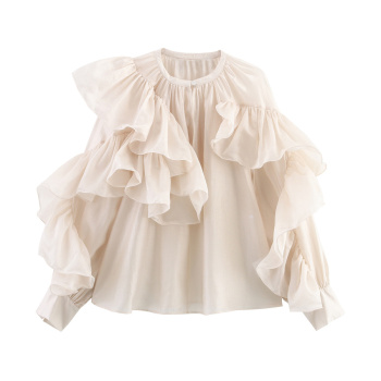 exquisite non-stretch crew neck ruffle decor blouses