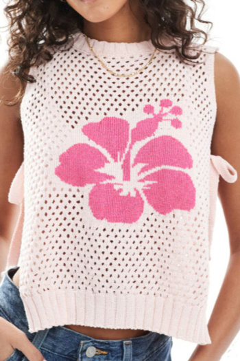 casual slight stretch knitted hollow flower jacquard lace-up slits vest
