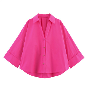 casual non-stretch solid color 4 colors v-neck blouses