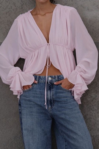 stylish non-stretch pure color v-neck lace-up ruffle long sleeve blouse