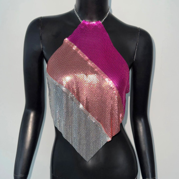 sexy non-stretch contrast color metal sequins backless music festival party vest