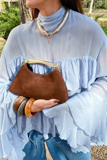 casual non-stretch solid color ruffle decor blouses