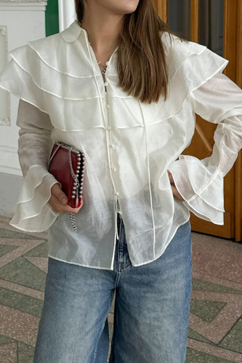 exquisite non-stretch solid color lapel ruffle decor see-through blouses