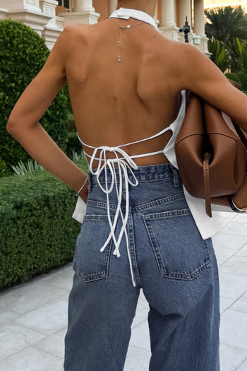 sexy non-stretch solid color backless halter-neck tank top