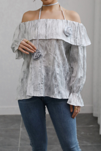 casual non-stretch off-shoulder loose wrinkle fabric long-sleeved shirt