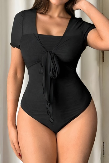 xs-l stylish slight stretch mesh stitching short sleeve all-match bodysuit