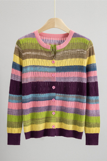 casual slight stretch 6-colors thin multi-color striped knitted cardigan