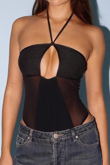 sexy slight stretch halter neck hollow see-through mesh splicing bodysuit