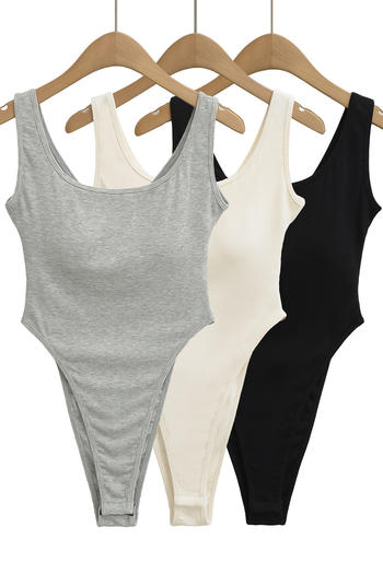 casual slight stretch solid color crew neck padded bodysuit(size run small)
