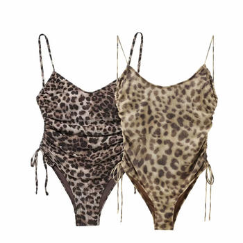 sexy stretch leopard printing mesh drawstring padded bodysuit(size run small)