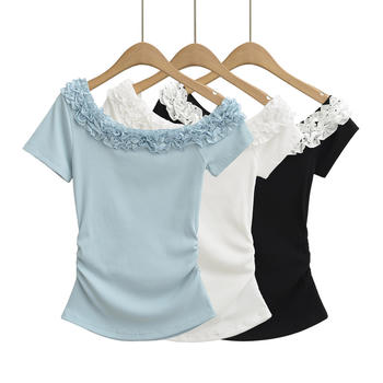 casual slight stretch 3 colors ruffle decor t-shirts(size run small)