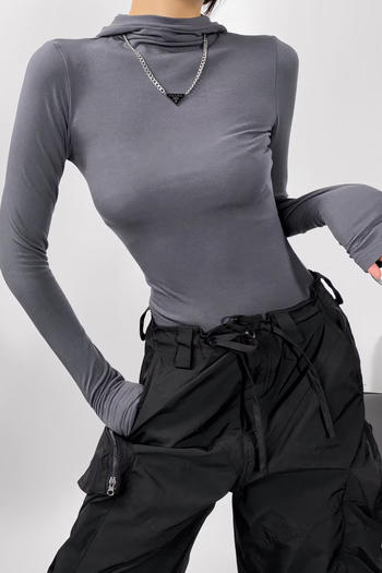 casual slight stretch hooded solid color 4 colors bodysuit(size run small)