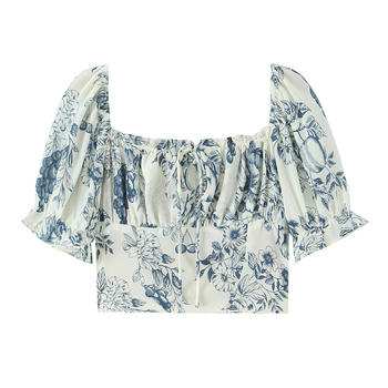 exquisite non-stretch square neck flower batch printing blouses(size run small)