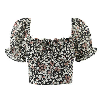 exquisite non-stretch square neck floral batch printing blouses(size run small)