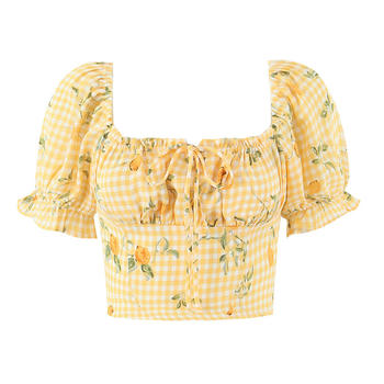 exquisite non-stretch square neck lemon lattice printing blouses(size run small)