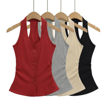 sexy slight stretch crew neck solid color button tank top(size run small)