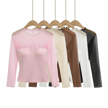 sexy slight stretch crew neck stitching mesh padded top(size run small)