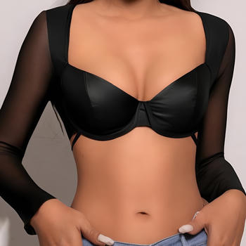 sexy slight stretch see through mesh stitching long sleeve underwire crop top