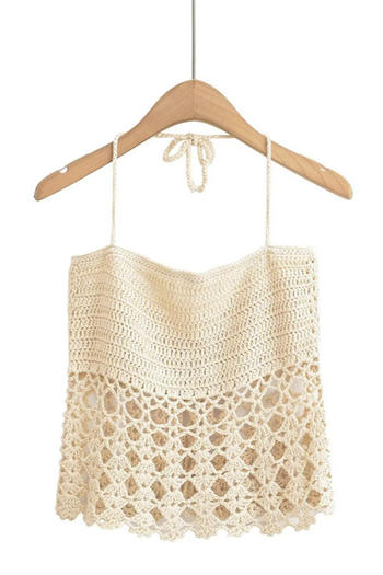 sexy non-stretch crochet halter-neck solid color cutout tank top