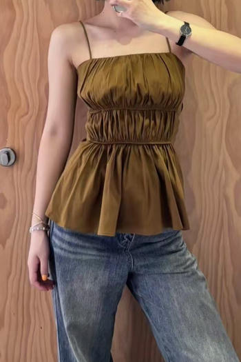 exquisite non-stretch solid color shirring tank top