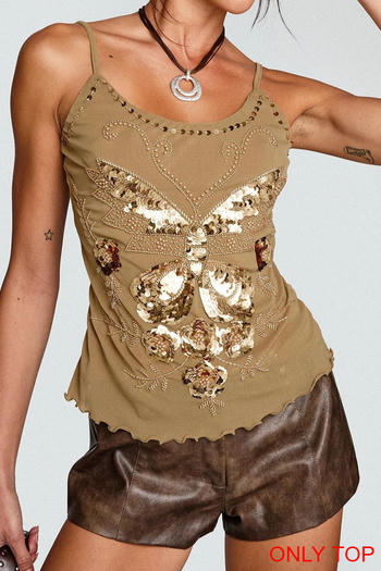 casual slight stretch sling sequins butterfly shape slim vest