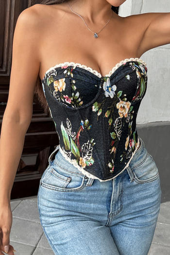 sexy non-stretch tube top tight lace-up retro print backless rubber bone vest #3