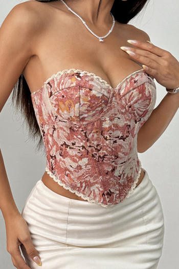 sexy non-stretch tube top tight lace-up retro print backless rubber bone vest #4