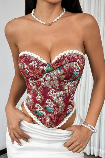 sexy non-stretch tube top tight lace-up retro print backless rubber bone vest #7
