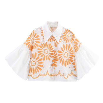 casual non-stretch lapel flower batch printing puff sleeves blouses