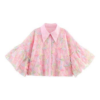 casual plus size non-stretch lapel flower embroidery lapel blouses