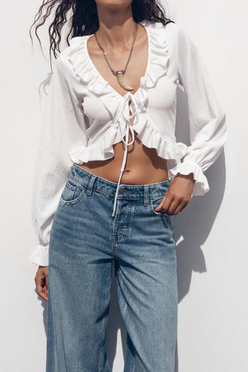exquisite non-stretch ruffle decor solid color v-neck blouses