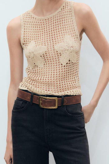 sexy slight stretch ribbed knit crew neck flower crochet tank top